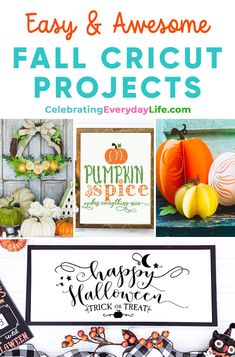 the fall and halloween project is featured with pumpkins, leaves, and other items