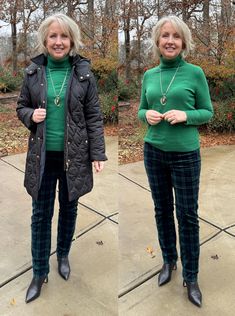 two photos of a woman in green sweater and plaid pants with black boots standing outside