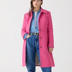 This Flattering, Feminine Coat Has A Sleek, Hidden Button Closure And Is Cut From Double-Cloth Wool. It Takes Color Beautifully And Is Made Exclusively For J Crew By Italy's Manifattura Di Carmignano Mill (Known The World Over For Its Exceptional Woolen Fabrics). Plus, It's Lined With Thinsulate For An Extra Layer Of Warmth Without Bulk. Regular Fit. 75% Wool/25% Polyamide. Point Collar. Button Closure. On-Seam Pockets. Interior Chain Locker Loop. Lined. Dry Clean. Import. Worn Once Or Twice, In Spring Wool Coat With Button Closure And Lapel Collar, Spring Wool Coat For Office With Buttons, Spring Wool Coat With Button Closure, Tailored Spring Wool Coat With Buttons, Chic Button-up Outerwear With Covered Buttons, Tailored Wool Coat With Buttons For Spring, Long Coat Outerwear With Covered Buttons For Work, Long Coat With Covered Buttons For Work, Classic Spring Outerwear With Covered Buttons