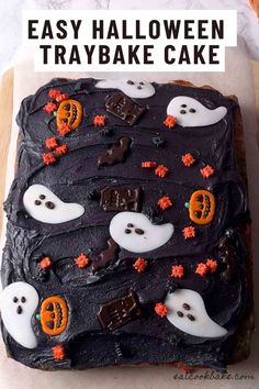 an easy halloween tray cake decorated with chocolate and candy