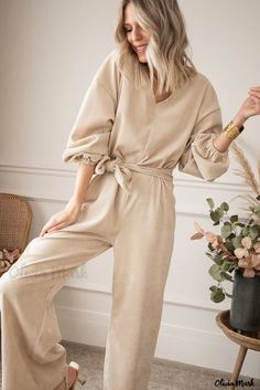 Olivia Mark - Keyhole Back V-Neck Jumpsuit with Tie Waist for a Flattering and Comfortable Fit Lisa Fischer, Colorful Jumpsuit, Loose Jumpsuit, Jumpsuit Fashion, Plus Size Swimwear, Wide Leg Jumpsuit, Shoulder Sleeve, V Shape, Apricot