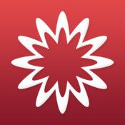 a red square with white flower on the front and bottom corner, in an app icon