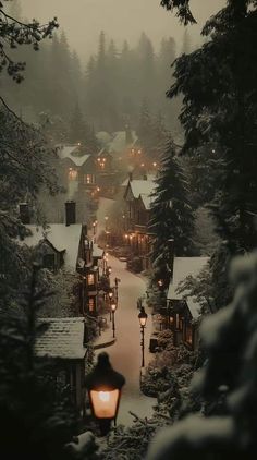 a person walking down a snow covered road next to a street light and trees in the background