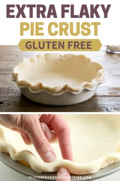 a pie crust is being made in a pie pan and then topped with an extra flaky pie crust