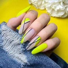 Long Nail Designs, Yellow Neon, Striped Nails, Get Nails, Nail Designs Glitter