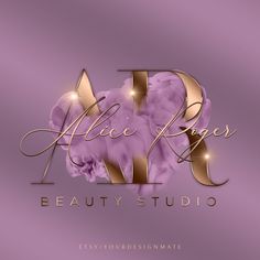 the logo for alice rose beauty studio, with gold letters and flowers on purple background