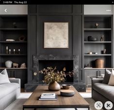 a living room filled with furniture and a fire place in front of a book shelf