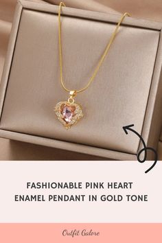 Make a fashion statement with our Fashionable PinkHeart Enamel Pendant in Gold Tone. 🌹 This necklace is perfect for those who love stylish and sentimental pieces. 💕 Add this to your collection by visiting OutfitGalore.com! 🌟 Lot's of colors. Elegant Rose Gold Heart Necklace With Delicate Chain, Elegant Rose Gold Heart Pendant Necklace, Valentine's Day Rose Gold Clavicle Chain Necklace, Rose Gold Heart Necklace With Adjustable Chain For Her, Rose Gold Pendant Heart Necklace For Valentine's Day, Elegant Heart Pendant Necklace As A Gift For Her, Gold Feminine Heart Necklace, Feminine Gold Heart Necklace, Elegant Rose Gold Heart Necklace With Adjustable Chain