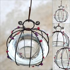 three different pictures of an old fashioned birdcage hanging from a wire and decorated with beads