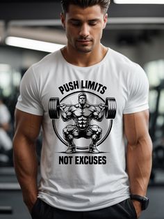 Elevate your gym sessions with our Limit Breaker Tee, designed to inspire and withstand the rigors of an intense workout. Emblazoned with a powerful 'Push Limits Not Excuses' graphic, this shirt is a call to action for anyone looking to push their boundaries. Check out the cotton V-neck t-shirt with this design here: https://www.etsy.com/listing/1666596471/limit-breaker-tee-lifting-t-shirt-gym Gildan 64000 Shirts Unisex Crewneck T-shirts Sizing Information: - A size chart is provided in the photos section for the perfect fit. - These unisex sizes may not align with fitted women's sizing. For a snugger fit, consider going a size down. - To compare, measure one of your favorite tees from armpit to armpit while lying flat. Order Processing: Takes 2-5 business days. Make sure your shipping add White Workout T-shirt With Logo Print, White Letter Print T-shirt For Training, Graphic Tee Activewear With Logo For Workout, White Sublimation Print T-shirt For Training, White T-shirt With Sublimation Print For Training, White Gym Top With Sublimation Print, White Athletic Fit T-shirt For Workout, White Graphic Gym T-shirt, White Graphic T-shirt For Gym