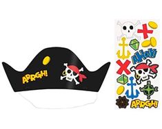 a pirate hat with stickers on it next to an adhesivee bookmark