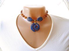 Lapis Lazuli Stone Jewelry Statement Necklace Orange Aventurine Magnesite Blue Pendant and Sodalite Beaded Necklace Jewelry Gift for Her Stone Choker Necklace, Orange Aventurine, Large Pearl Earrings, Red Aventurine, Blue Pendant Necklace, Blue Spiral, Spiral Pendant, Blue Statement Necklace, Lapis Necklace