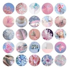 a collage of pink, blue and white images with flowers in the center on a white background