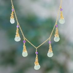 The magical aura of these jewels will make you dazzle with a unique light. Crafted in Thailand by Somsiri Juntamin, the accessory features 24k gold plating that creates a glamorous vibe around the prehnite and amethyst gemstones that dangle from the design. As a final touch, this waterfall necklace also comes in a polished finish for a lustrous look. Waterfall Necklace, Beaded Stuff, Glowing Necklace, Ocean Jewelry, Amethyst Color, Final Touch, Gold Plated Necklace, Jewelry Packaging, Amethyst Gemstone