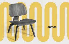 an image of a chair with the words eames in front of it on a yellow and white background