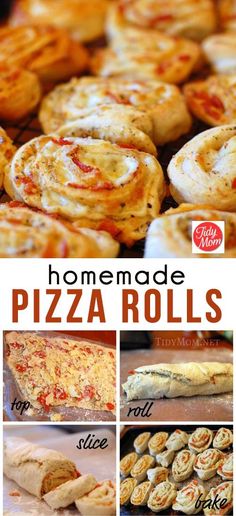 homemade pizza rolls with different toppings on top and in the middle, along with text overlay that reads homemade pizza rolls