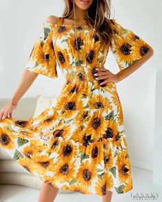 Lasaky - Ruched Off-the-Shoulder Swing Dress In Sunflower Print Yellow Off-shoulder Summer Dress, Yellow Off-shoulder Midi Dress For Brunch, Off-shoulder Floral Print Sundress, Floral Print Off-shoulder Sundress, Off-shoulder Floral Sundress For Brunch, Casual Off-shoulder Floral Print Dress, Casual Yellow Off-shoulder Dress, Yellow Off-shoulder Maxi Dress For Spring, Off-shoulder Floral Sundress For Vacation