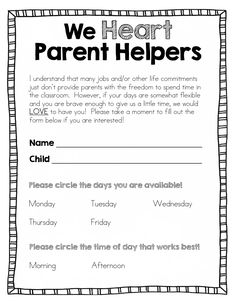 we heart parent helpers printable for the child's day at school time