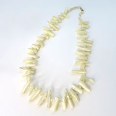 "Vintage 60s Handcrafted Mother of Pearl Necklace 18\" Total Length Excellent Condition Condition: Pre-Owned Like New" Cream Costume Jewelry As Gift, Cream Costume Jewelry For Gifts, Cream Single Strand Jewelry Gift, Handmade Cream Jewelry For Jewelry Making, Retro Long Necklace As Gift, Handmade Cream Shell Necklace Gift, Handmade Cream Shell Necklace For Gift, Handmade Vintage White Necklace, Unique Handmade Cream Necklace