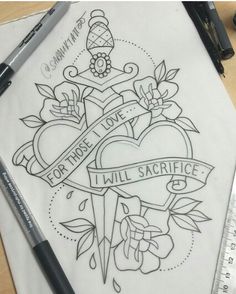 a drawing of a heart and dagger with the words for those love will sacrice