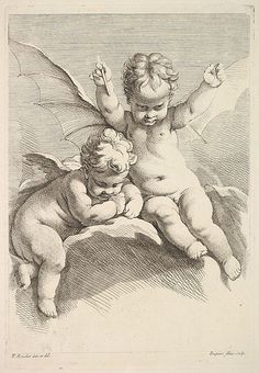 two cherubs are sitting on the ground and one is holding an infant's head