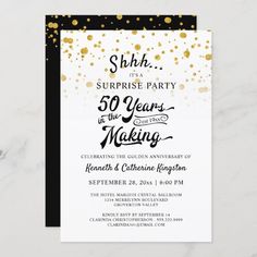 the surprise party 50th celebration card is shown with gold confetti and black ink