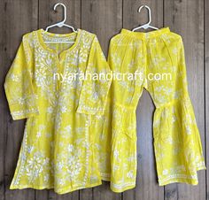 Palazzo and kurta set for girls on soft printed pure cotton. Casual Cotton Sets With Printed Motifs, Casual Cotton Sets With Chikankari Embroidery, Casual Cotton Chikankari Embroidery Sets, Cotton Printed Sets For Festivals, Yellow Printed Cotton Kurta, Yellow Cotton Sets With Printed Motifs, Yellow Cotton Block Print Sets, Yellow Casual Sets For Festive Season, Yellow Casual Festive Sets