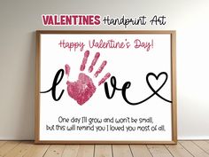 a valentine's day card with a handprinted heart and the words happy valentine's day