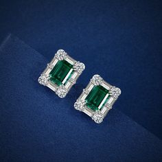 Halo Lab-Created Emerald Baguette Accents Sterling Silver Stud Earring – ReadYourHeart Necklaces Indian, Boho Wedding Jewelry, Emerald Earrings Studs, Jewelry Beach, Lab Created Emerald, Creating Jewelry, Stone Setting, White Gold Earrings, Emerald Earrings