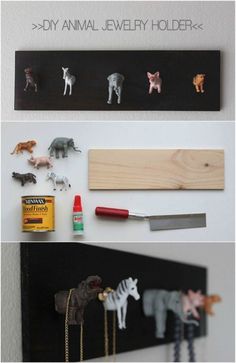 there are several different types of animal magnets on the wall, and one is made out of wood