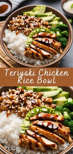 teriyaki chicken rice bowl with broccoli and cucumber on the side