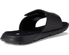 Men's Ignite 7 SL Black/Black/White Bring comfort to your feet wearing the Under Armour® Ignite 7 Slide footwear. Synthetic upper. Synthetic lining and insole. Hook-and-loop upper closure. Open round toe. Slip-on style. Brand logo on the front. Synthetic outsole. Imported. Product measurements were taken using size 9, width D - Medium. Please note that measurements may vary by size. Weight of footwear is based on a single item, not a pair. Weight: 6 oz Blue Shoes Men, Outdoor Slippers, Under Armour Shoes, Casual Athletic, Kids Sandals, Athletic Sneakers, Kids Boots, Blue Shoes, Dress With Boots