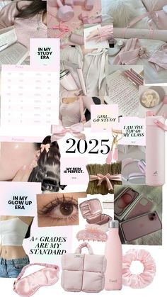 a collage with pink and white images