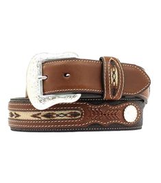 LeatherAztec inlay Silver buckle Two-toneWidth: 1 1/2" Nocona Belt, Boys Cowboy Boots, Girl Cowboy Boots, Lucchese Boots, Twisted X Boots, Mens Belt, Cowboy Belt, Ribbon Belt, Western Belt