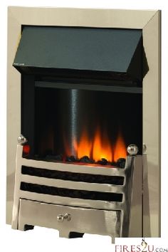 an image of a modern fireplace with flames in the fire place and chrome finish frame