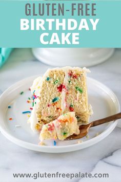 a slice of cake on a plate with the words gluten - free birthday cake