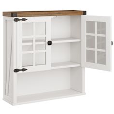 a white cabinet with open doors and shelves