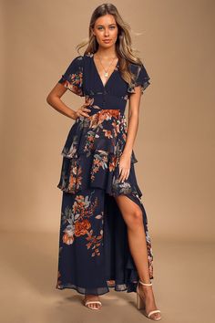 Persephone Wedding, Maxi Dress Wedding Guest, 파티 드레스, Fall Wedding Guest Dress, Navy Floral Dress, Guest Attire, Wedding Attire Guest, Maxi Dress Wedding, Looks Black