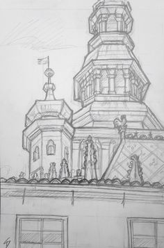 a drawing of a building with a clock tower