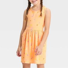 Cat & Jack Girls' Sleeveless Dress - Soft Orange S -Girls Size Small (6/7) -Nwt, 60% Cotton & 40% Recycled Polyester -Orange Floral Pattern Print -Sleeveless Tank Style, Pullover -Lightweight Material With Pockets Playful Orange Sleeveless Dress, Cute Orange Sleeveless Sundress, Cute Orange Sleeveless Dress, Floral Pattern Print, Floral Ruffle Dress, S Girl, Girls Holiday Dresses, Ditsy Floral Dress, Soft Orange