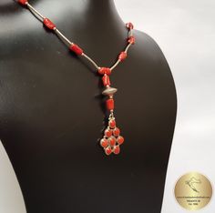 "◎ Unique handcrafted necklace made of precious Mediterranean coral, which is unique, all natural and hasn't been treated or dyed in any way. Adorned with tube elements, and coral-inlaid pendant. Everything is handmade with solid sterling 925 silver. ◎ Length: 42.5 cm ( 16.73\" ) Pendant dimensions: 6 x 2 cm ( 2.36 x 0.78\" ) Color: light-red ◎ Enter the shop, for more of our jewelry, and matching earrings ;) ◎ - - - - - - - - - - - - - - - - - - - - - - - - - - - - - - - - - - - - - - - - - - - Traditional Red Necklace With Natural Stones, Red Amulet Necklace With Gemstone Beads, Artisan Red Coral Beaded Necklaces, Red Amulet Necklace With Polished Beads, Bohemian Red Coral Necklace For Gift, Red Coral Pendant Necklace As Gift, Red Coral Pendant Necklace For Gift, Unique Red Coral Gemstone Bead Necklaces, Artisan Red Necklace With Polished Beads