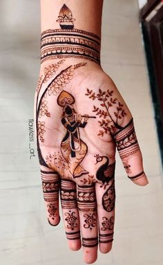 Mehndi Designs Related To Krishna, Back Hand Mehndi Designs Krishna, God Mehndi Design, Lord Krishna Mehendi Design, Mehandi For Janmashtami, Morpich Mehndi Design, Character Mehndi Design, Krishna Finger Tattoo, Krishna Mehndi Designs Simple