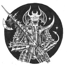 a black and white drawing of a demon holding two swords