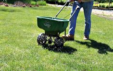 a man mowing the grass with a green wheelbarrow