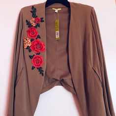 Brand New Gianni Bini Kelly Jacket With Embroidered Flowers. Super Stretch Fabric With Two Front Pockets. Brown Floral Embroidered Outerwear For Fall, Brown Floral Embroidery Outerwear For Fall, Brown Floral Embroidered Fall Outerwear, Chic Long Sleeve Blazer With Floral Embroidery, Beige Floral Embroidered Outerwear For Fall, Fall Beige Outerwear With Floral Embroidery, Brown Long Sleeve Outerwear With Floral Embroidery, Brown Long Sleeve Blazer For Spring, Brown Blazer For Spring