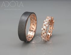 two wedding rings with diamond accents on each one and the other in rose gold or silver