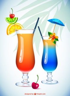 two colorful cocktails with umbrella and cherries