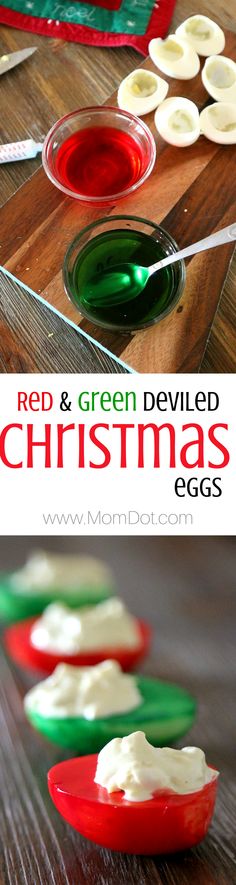 red and green deviled christmas eggs are sitting on a wooden table with the words, red and green deviled christmas eggs