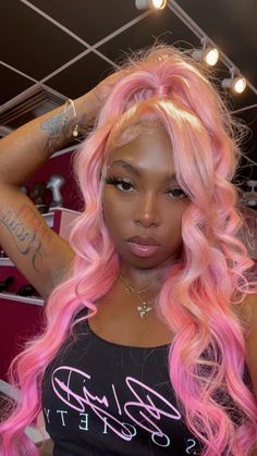 Styles For Pink Wigs, Pink Sew In Weave Black Women, Pink Hair Wig Install, Pink Wig Half Up Half Down, Pink Prom Hairstyles, Pink Wigs Hairstyle, Pink Lace Front Wig Hairstyles, Pink Birthday Hair, Pink Wigs Black Women