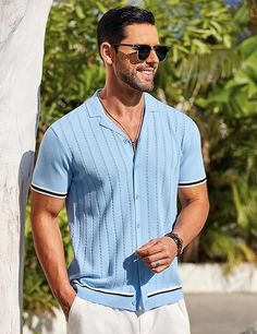 Men's Casual Knit Shirt is feature with Breathable, Lightweight, Skin-friendly, feels as soft as cloud. Change your mind about summer knit! Beach Wedding Outfit, Men's Wedding Outfit, Men Closet, Mens Fashion Casual Outfits, Men's Button Down Shirt, Beach Tops, Golf Fashion, Men Vintage, Men's Knit